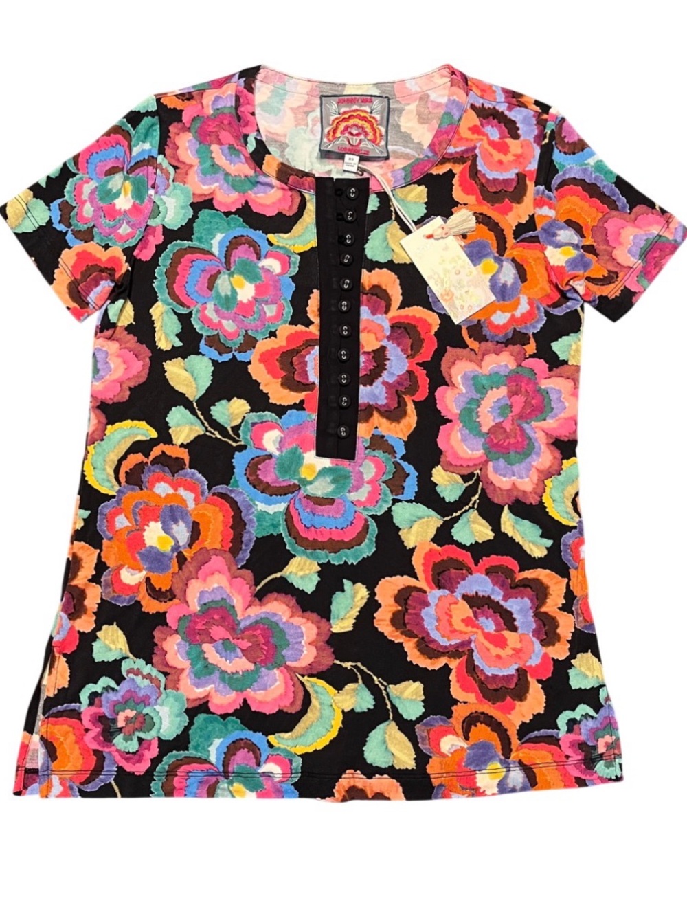 Johnny Was Janie Favorite Short Sleeve Henley Tee Shirt Calant Floral XS Women